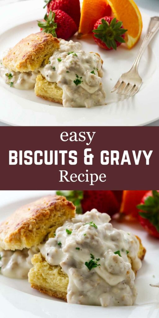 Biscuits and gravy on a plat with fruit.