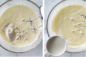 Adding milk and flour to a sponge cake batter.