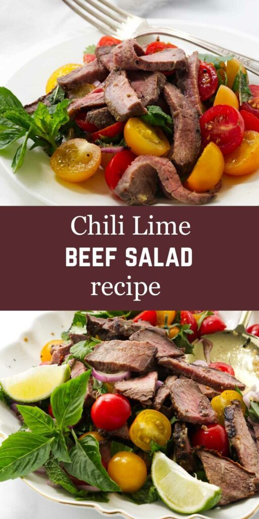 Steak salad with tomatoes and herbs on a plate with lime wedges.