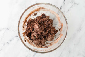 Mixing chocolate shortcake batter with sourdough starter.