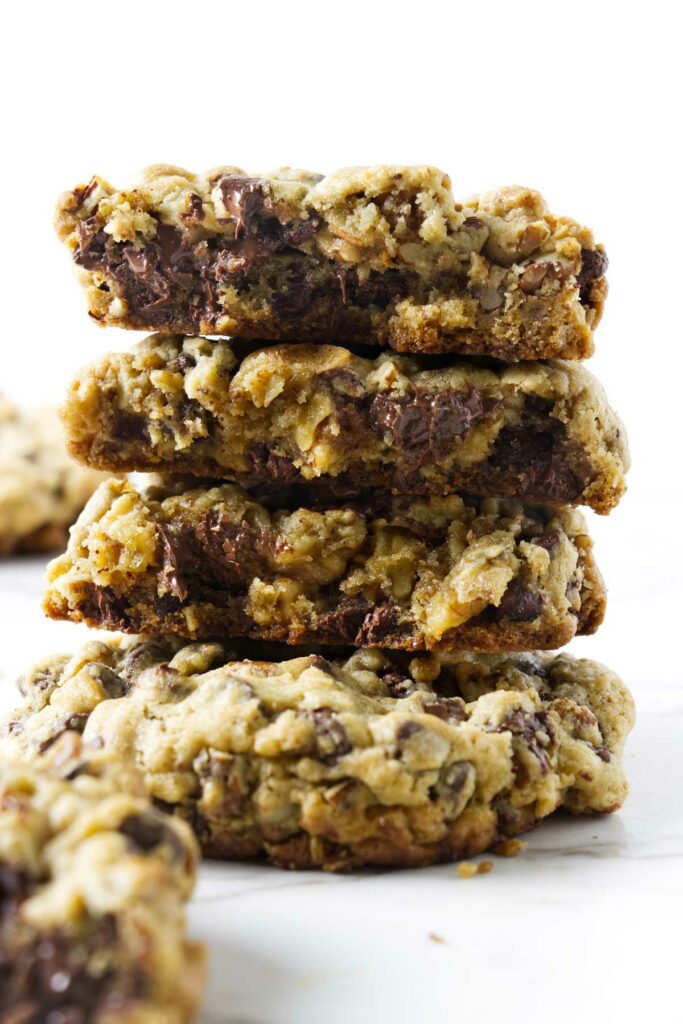 A stack of thick levain bakery chocolate chip cookie recipe.