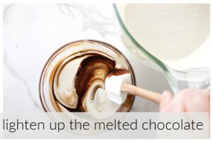 Adding chocolate to whipped eggs in a bowl.
