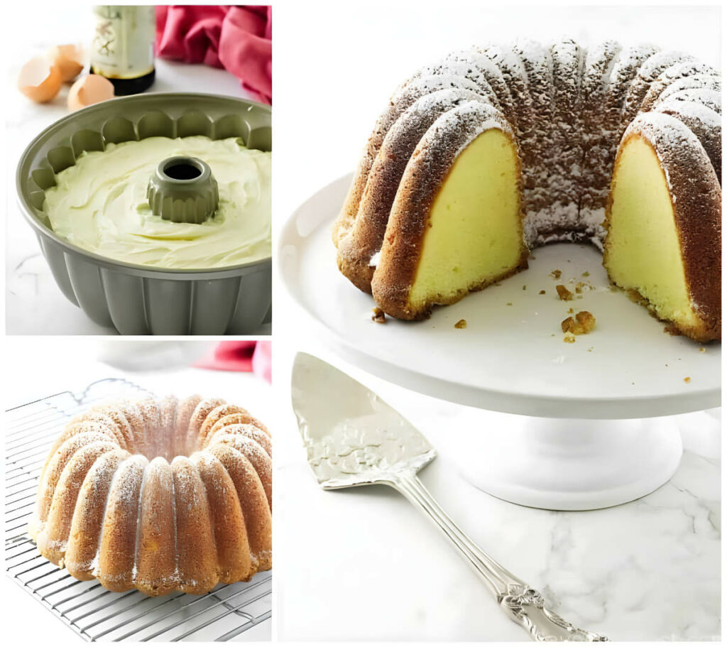 A cream cheese pound cake recipe in a bundt pan and on a cake stand.