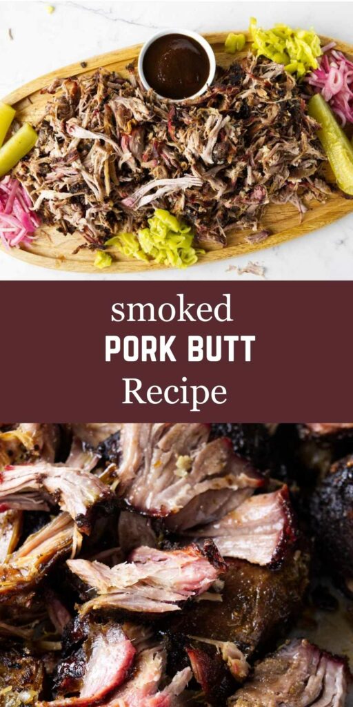 Shredded smoked pork on a cutting board with pickles.