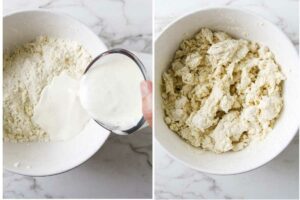 Adding sourdough discard to biscuit dough and mixing it to a shaggy stage.
