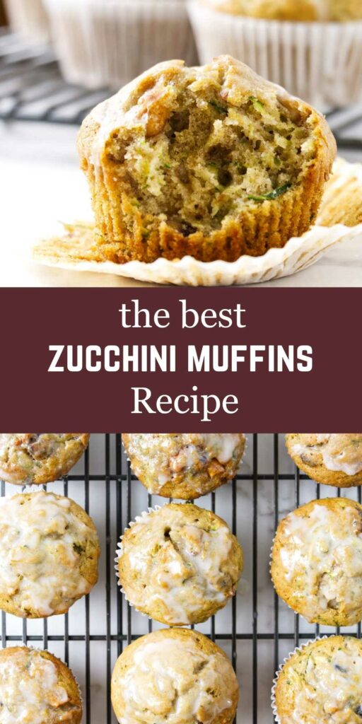 A partially eaten zucchini muffin next to more muffins on a cooling rack.