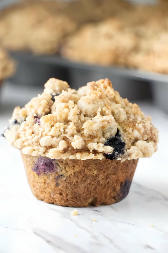 A freshly baked muffin with a streusel topping and blueberries.