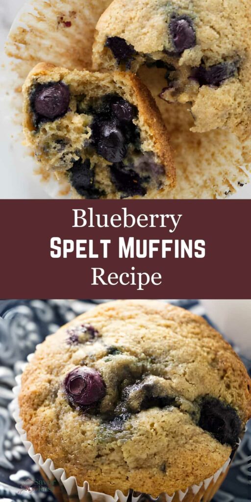 Blueberry spelt muffins, one sliced to show berries, recipe text centered.