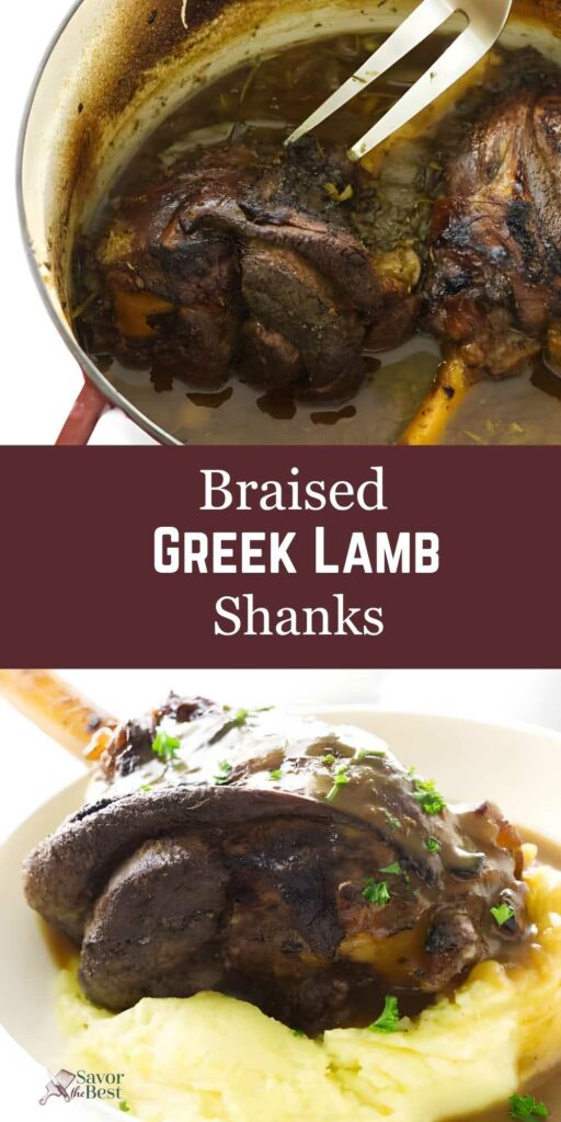 Braised Greek lamb shanks with gravy over mashed potatoes, garnished with herbs.