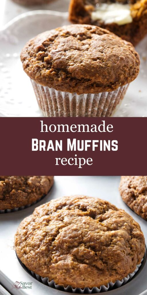 Close-up of moist bran muffins in liners, some partially eaten, with recipe text overlay.