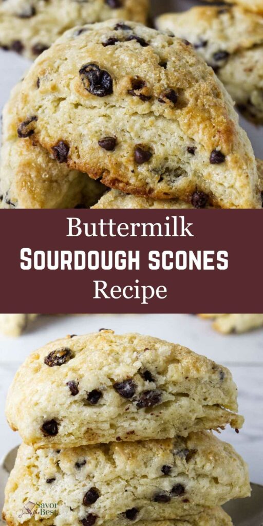 Stacked chocolate chip scones with recipe title on maroon background.
