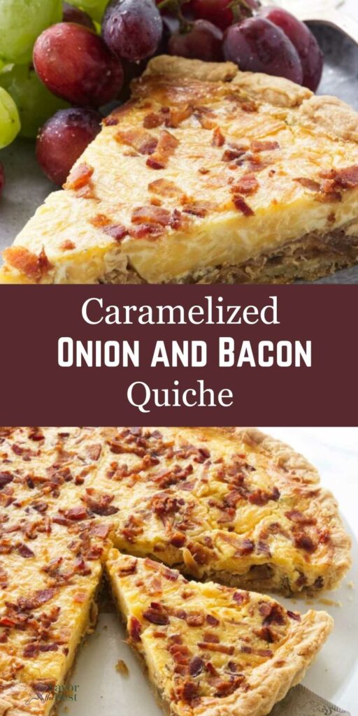 Caramelized onion and bacon quiche with golden crust; grapes in background.