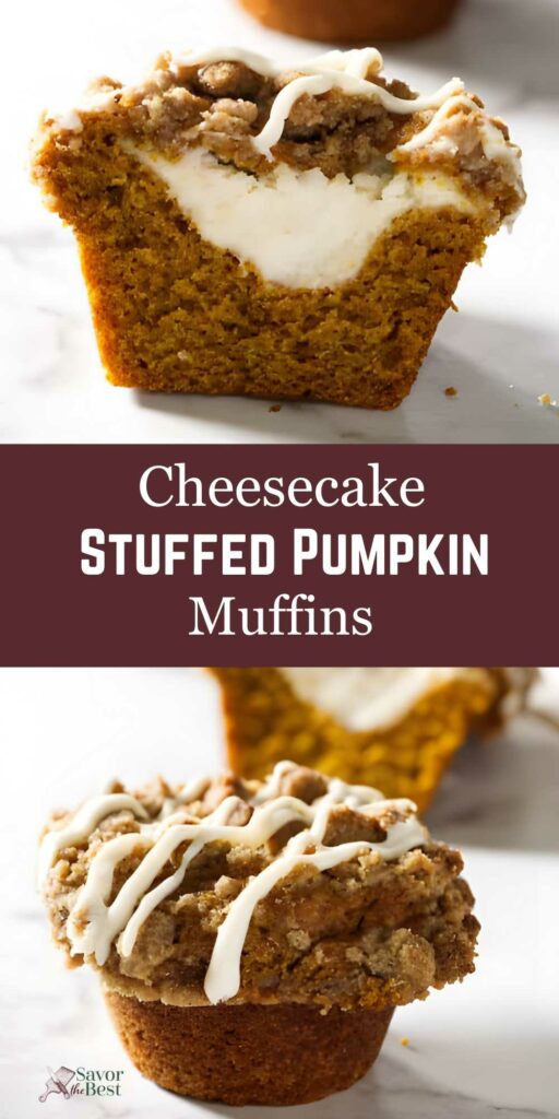 Pumpkin muffin with cheesecake filling, streusel topping, icing; center shown. Text: Cheesecake Stuffed Pumpkin Muffins.