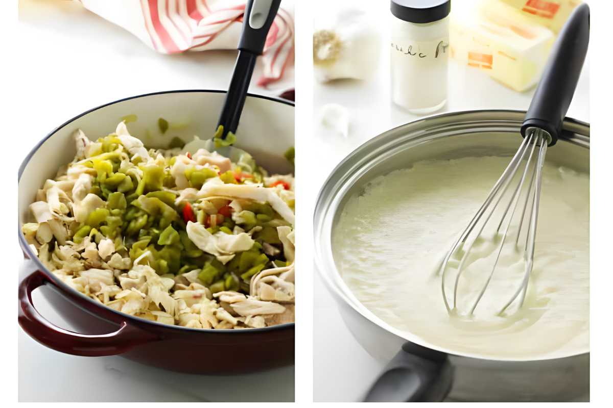 Split image: vegetables, chicken stirred in pot; whisk stirs sauce in pan.
