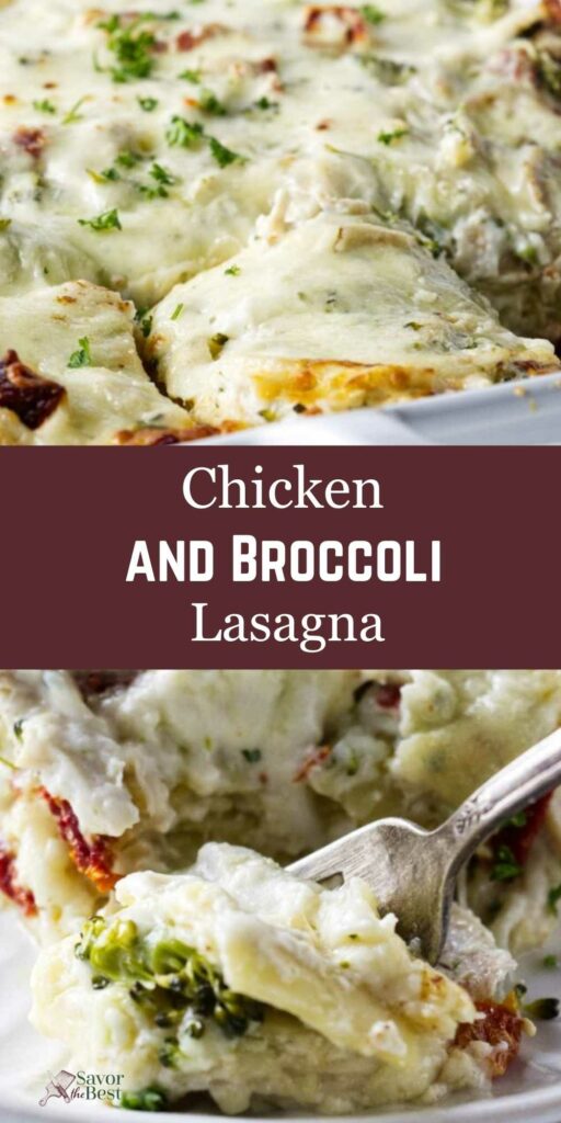 Creamy chicken and broccoli lasagna with melted cheese, fork lifting a bite.
