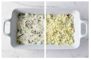 Rectangular white baking dish: creamy herb mix, sundried tomatoes, then cheese topping.
