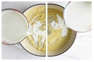 Pouring milk and whisking yellow mixture in a pot.