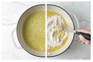 Split image: melted butter in pot, then flour whisked in by hand.