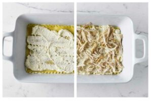 White baking dish: left with noodles and cheese, right with added chicken.