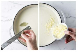 Grating nutmeg, then adding cheese to a pot of white sauce.