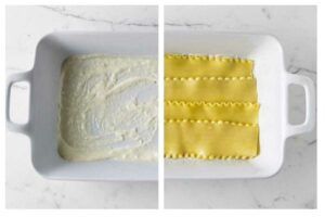 Baking dish with white sauce and uncooked lasagna noodles on marble surface.