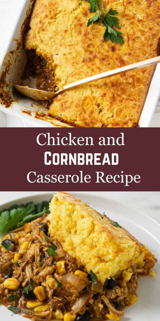 Chicken and cornbread casserole with golden top, serving on plate below.