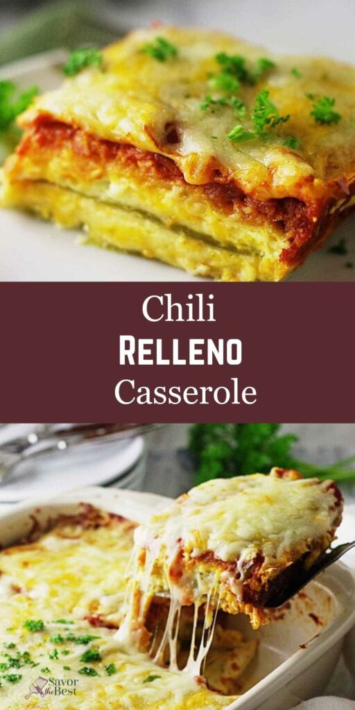 Cheesy slice of chili relleno casserole with parsley on plate; baking dish below.