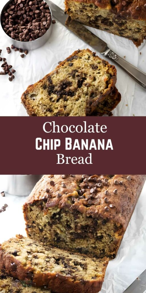 Sliced chocolate chip banana bread on parchment with chocolate chips and knife nearby.