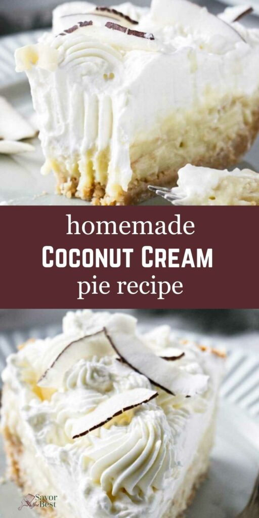 Coconut cream pie slice with whipped cream and coconut flakes, plate, recipe text.