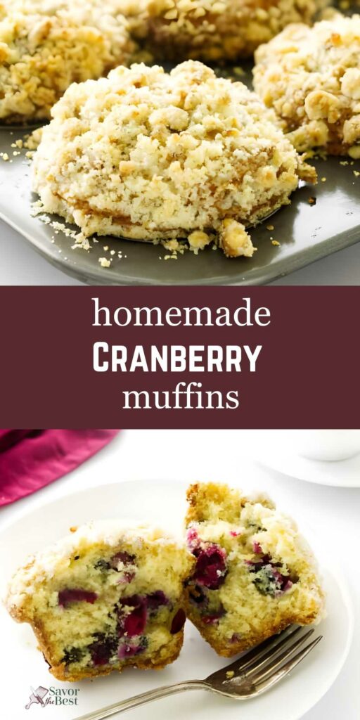 Crumb-topped cranberry muffins on a plate, one sliced to show berry interior.