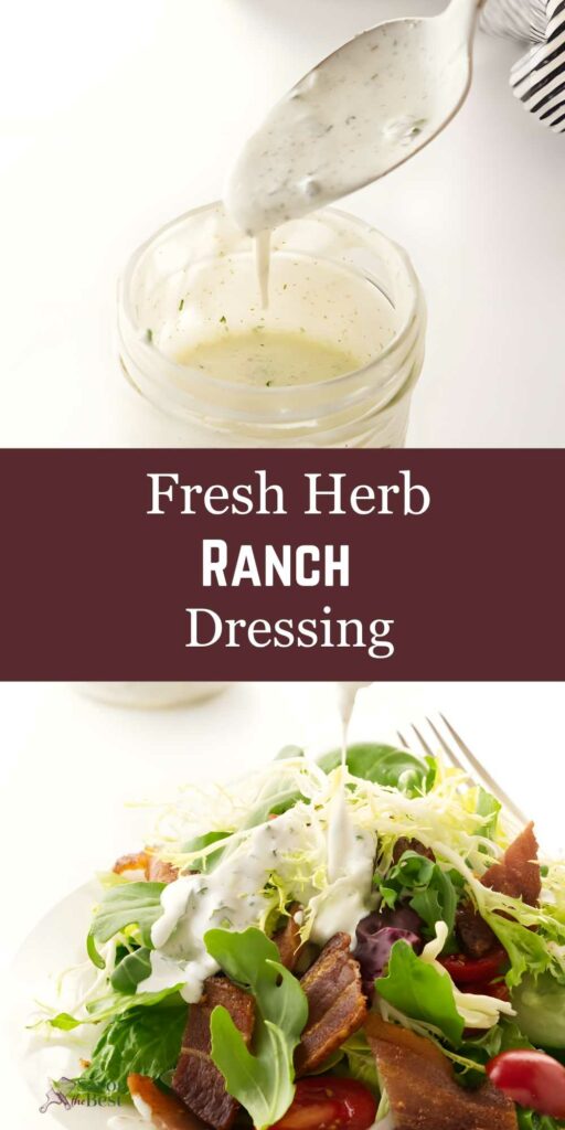 Spoon pours ranch into jar; dressing drizzled on salad with text overlay.