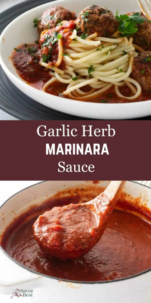 Bowl of spaghetti with meatballs and marinara; wooden spoon lifts garlic herb sauce.
