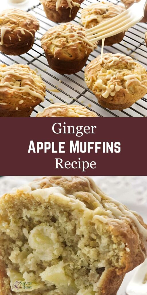 Icing drizzled on cooling ginger apple muffins, close-up shows moist interior. Recipe text present.