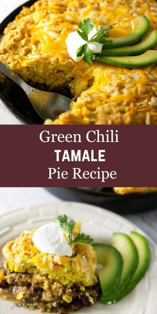 Cheesy green chili tamale pie in skillet, topped with avocado and cilantro.