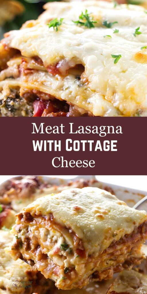 Cheesy baked meat lasagna slices with parsley, text: “Meat Lasagna with Cottage Cheese.”.