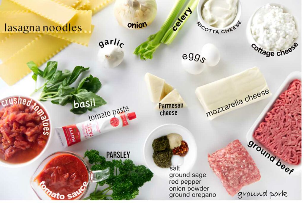 Top view of assorted lasagna ingredients neatly arranged on a white background.