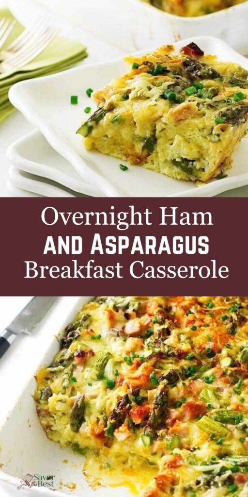 Ham and asparagus breakfast casserole slice on plate, topped with chives, baking dish nearby.