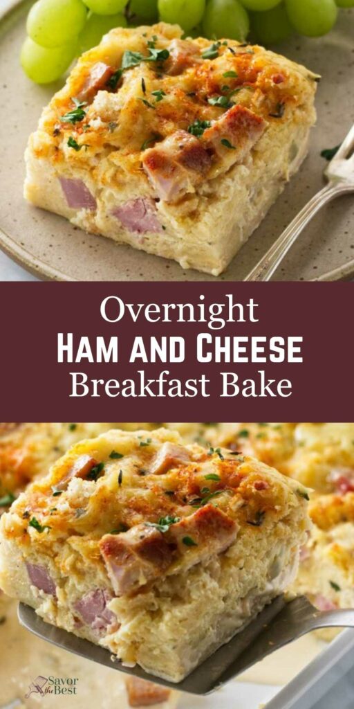 Square slice of ham and cheese breakfast bake with herbs, grapes, and title text.