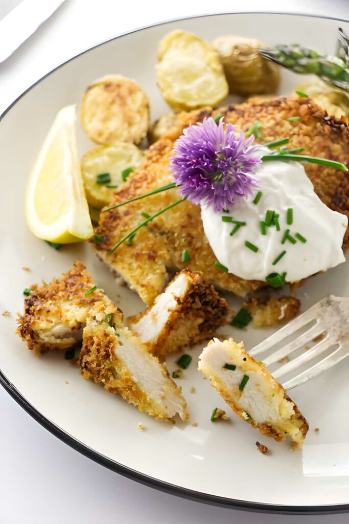 Breaded chicken with toppings, roasted potatoes, asparagus, lemon wedge, and fork.
