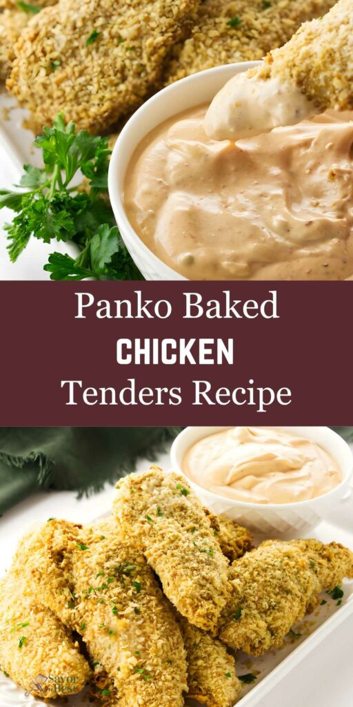 Panko-baked chicken tenders with sauce and parsley, recipe text overlay.