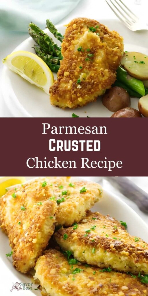 Parmesan and panko crusted chicken with potatoes, asparagus, lemon; close-up of crispy chicken pieces.