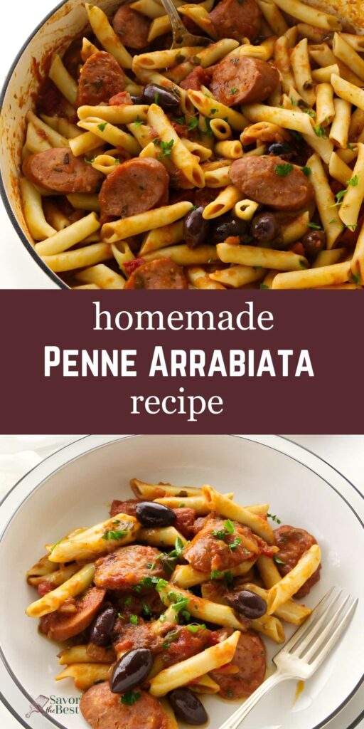 Penne pasta with sausage and olives in skillet; served on plate with fork.