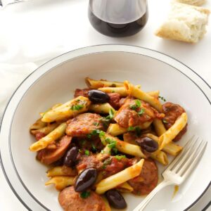 Penne pasta with spicy tomato sauce and sausage.