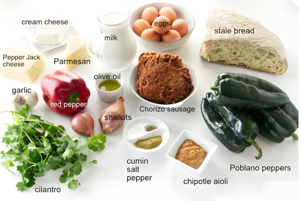 Assorted labeled ingredients for cooking, including cheese, eggs, vegetables, and spices.
