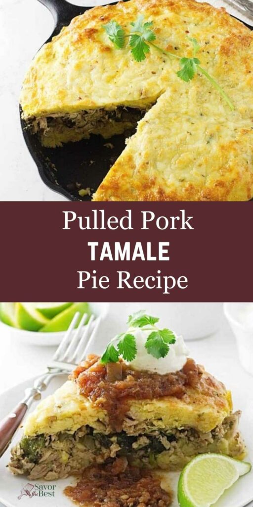 Golden tamale pie in skillet with limes, cilantro, and plated slice with toppings.