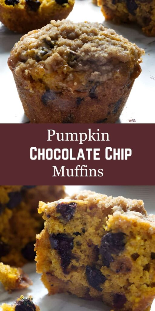 Close-up of pumpkin chocolate chip muffins, one cut open, with title text.