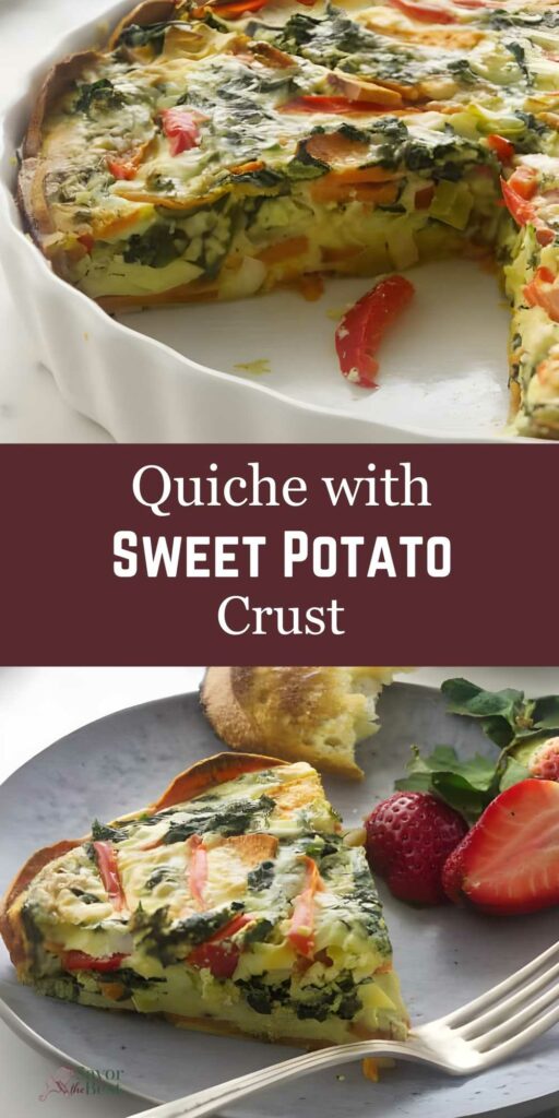 Quiche with sweet potato crust, sliced to show veggies, served with strawberries and greens.