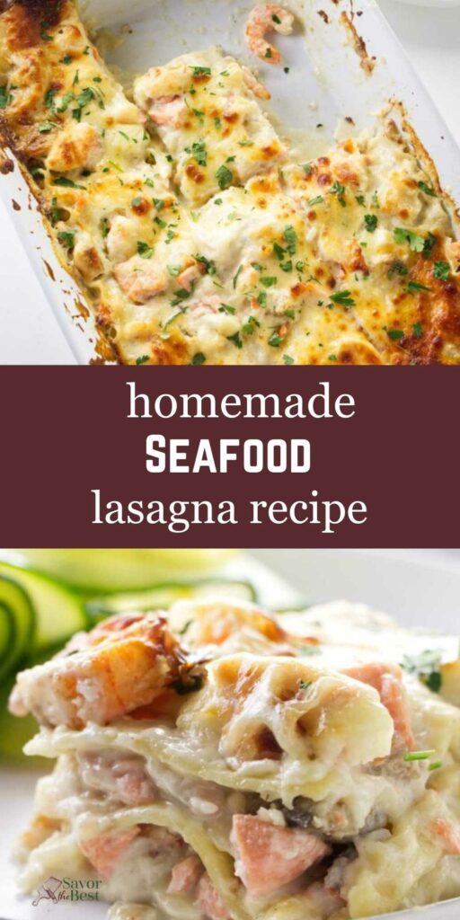 Seafood lasagna in a white dish, with cheesy topping and creamy noodles.