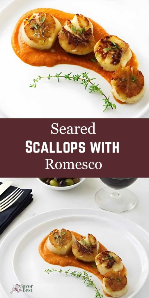 Overhead view of seared scallops on orange sauce, garnished with herbs.