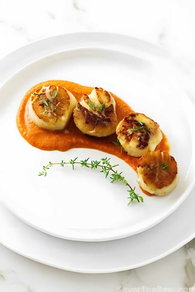Four seared scallops on romesco sauce, garnished with herbs and thyme.